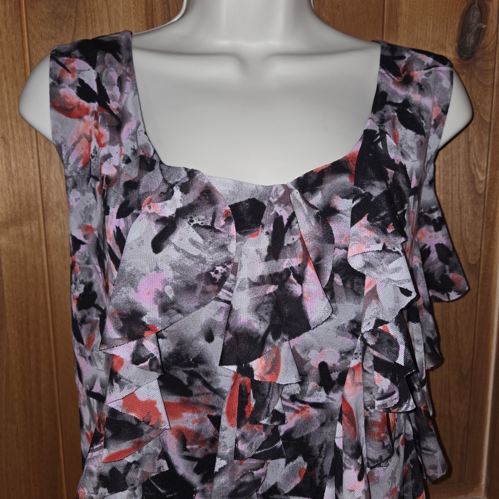 Relativity Abstract Ruffle Blouse - Black,‎ Pink, Gray - Picture 2 of 8